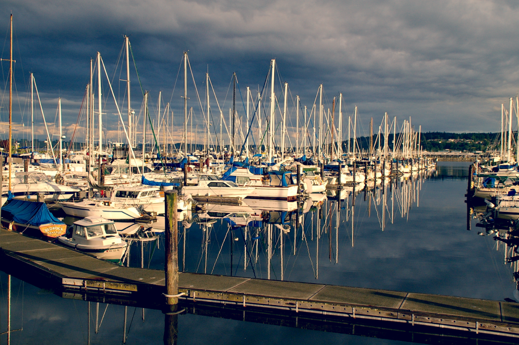 A marina with dozens of sailboats in Anacortes, WA